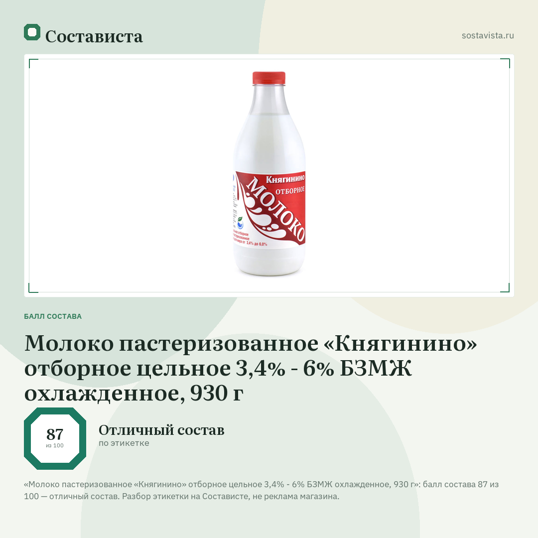 Молоко пастеризованное «Княгинино» отборное цельное 3,4% - 6% БЗМЖ охлажденное, 930 г: балл состава 87 из 100 — Состависта
