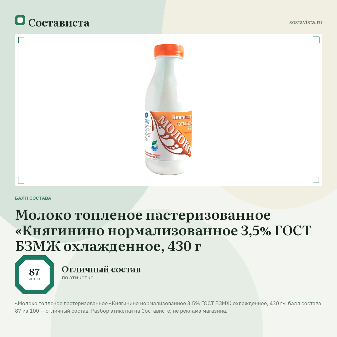 Молоко топленое пастеризованное «Княгинино нормализованное 3,5% ГОСТ БЗМЖ охлажденное, 430 г: балл состава 87 из 100 — Состависта