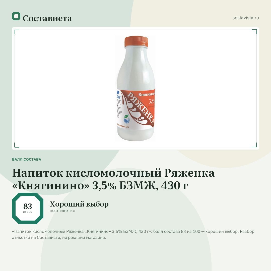 Напиток кисломолочный Ряженка «Княгинино» 3,5% БЗМЖ, 430 г: балл состава 83 из 100 — Состависта