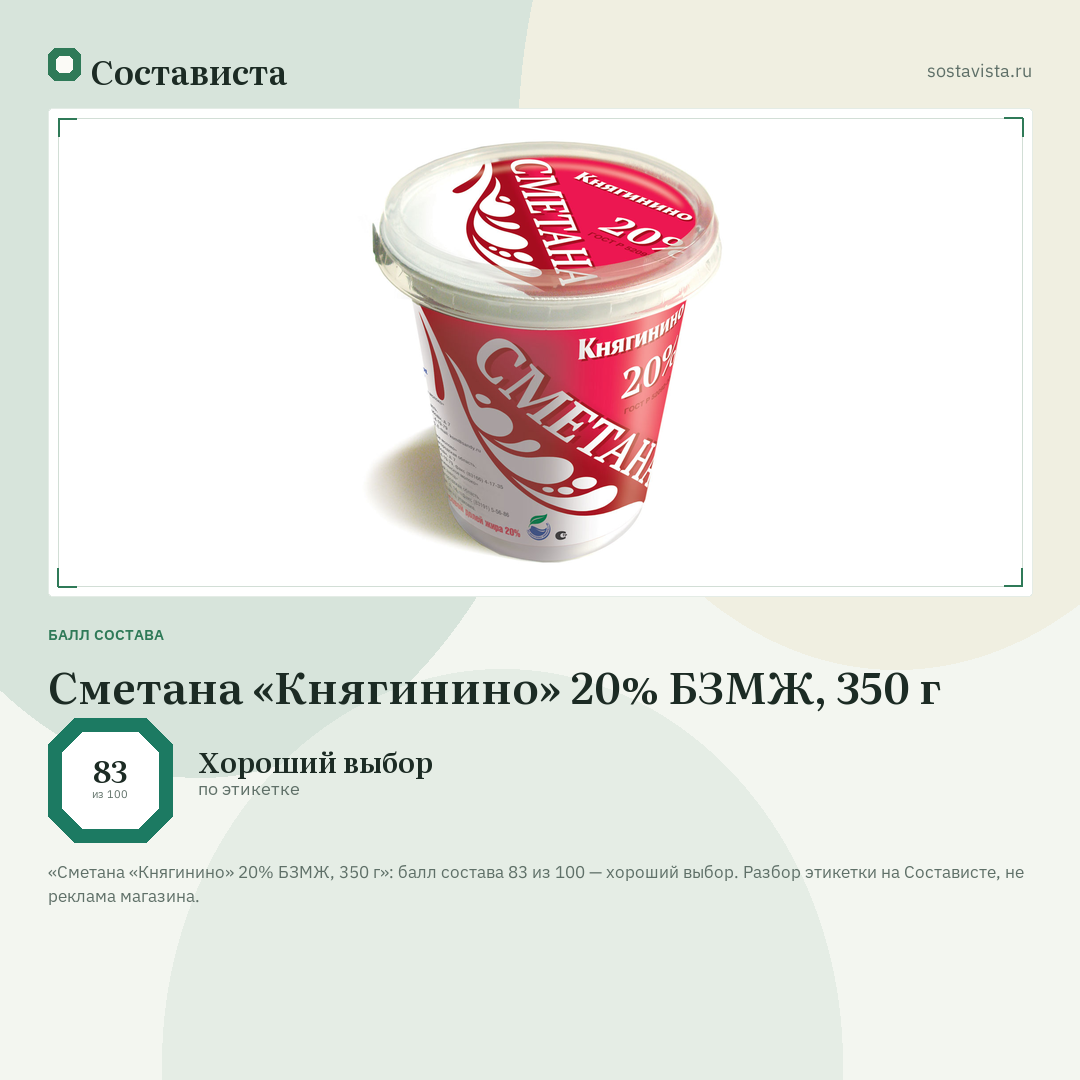 Сметана «Княгинино» 20% БЗМЖ, 350 г: балл состава 83 из 100 — Состависта
