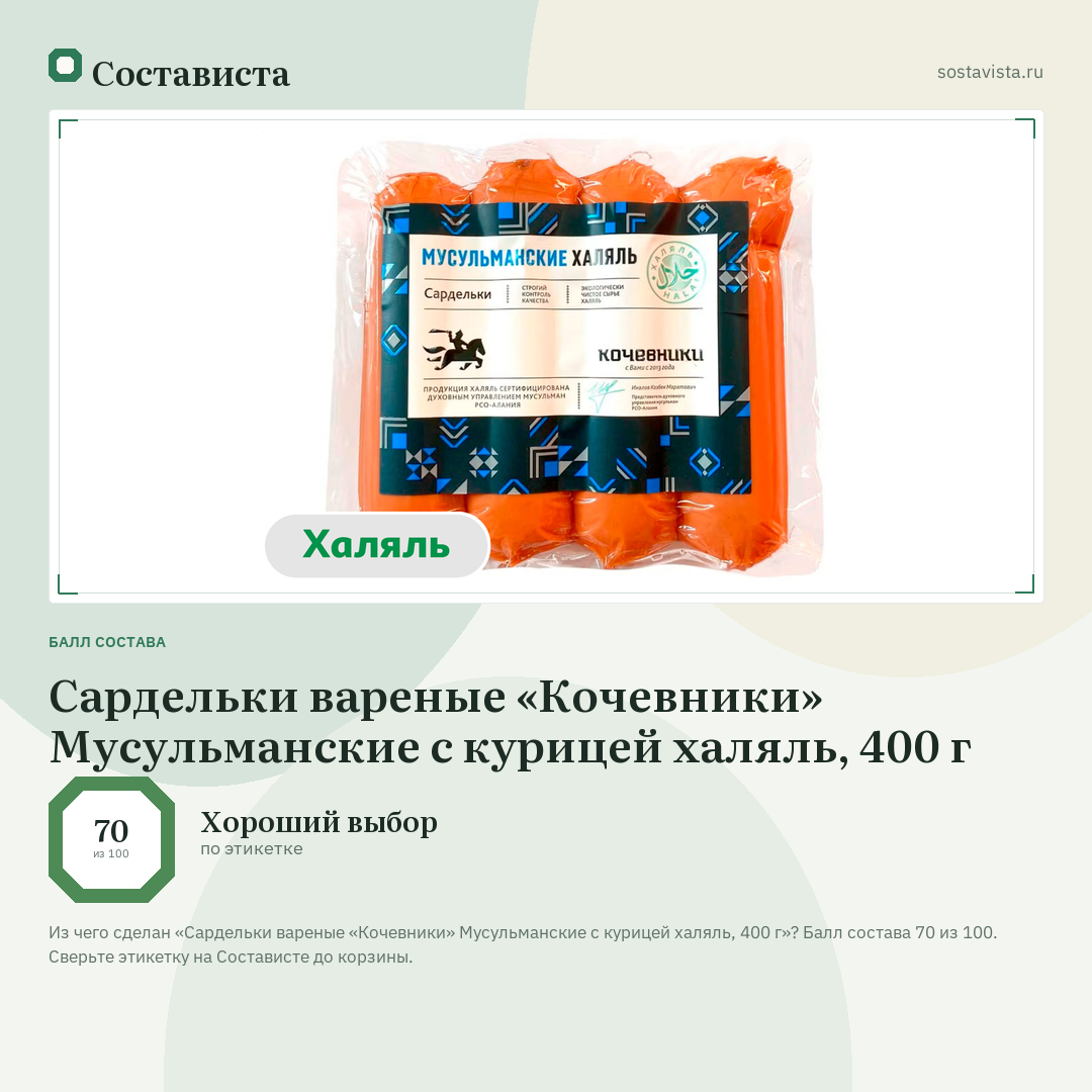 Сардельки вареные «Кочевники» Мусульманские с курицей халяль, 400 г: балл состава 70 из 100 — Состависта