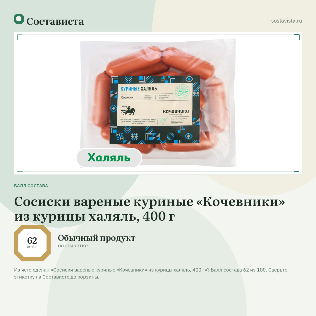 Сосиски вареные куриные «Кочевники» из курицы халяль, 400 г: балл состава 62 из 100 — Состависта