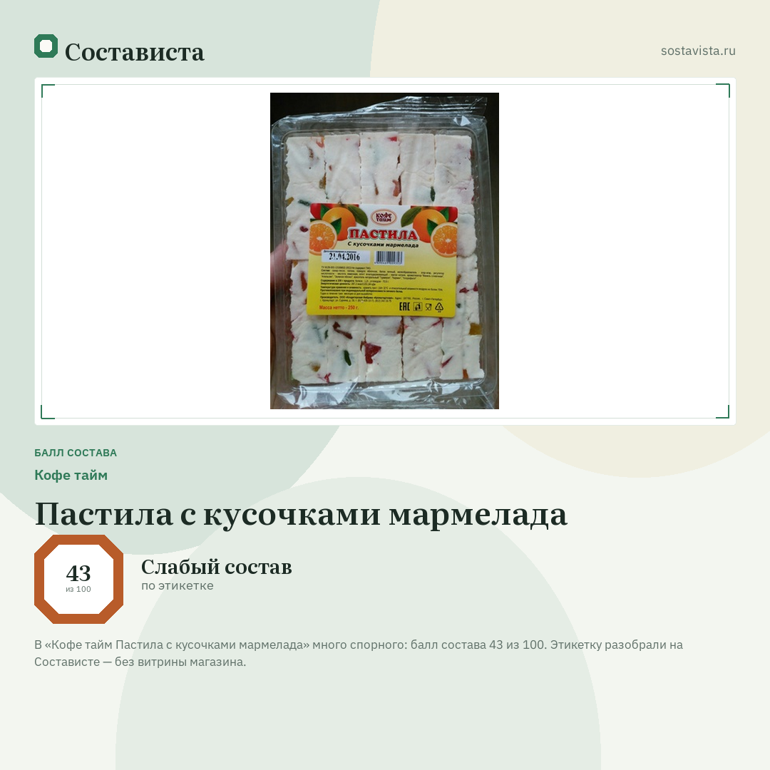 Кофе тайм Пастила с кусочками мармелада: балл состава 43 из 100 — Состависта