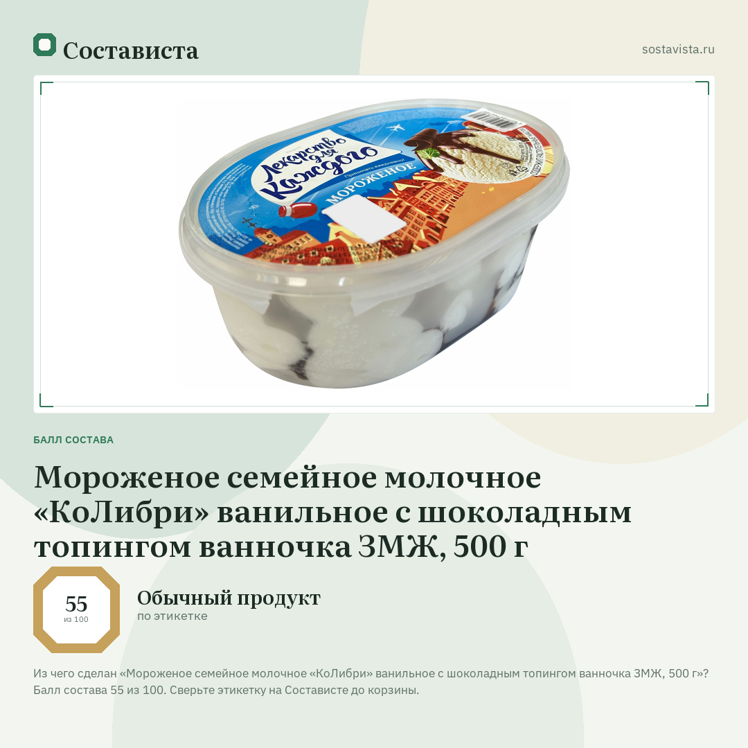 Мороженое семейное молочное «КоЛибри» ванильное с шоколадным топингом ванночка ЗМЖ, 500 г: балл состава 55 из 100 — Состависта