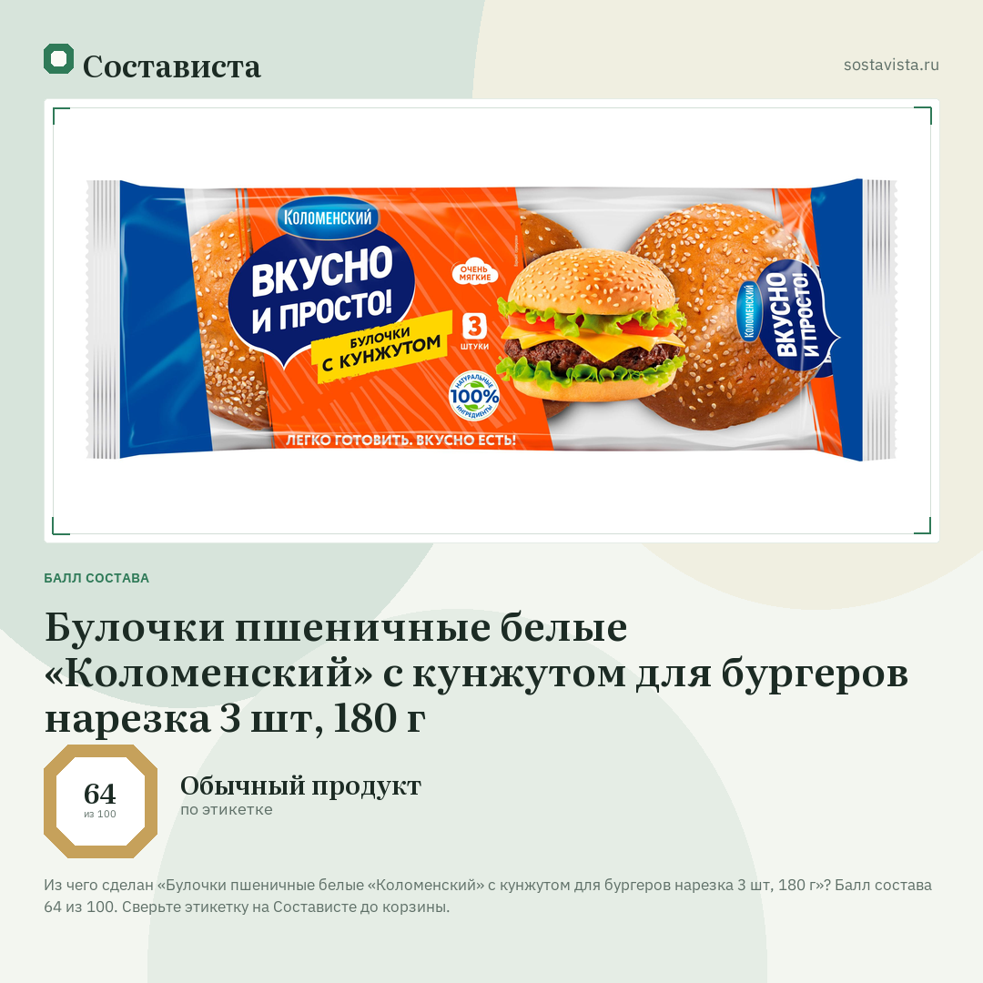 Булочки пшеничные белые «Коломенский» с кунжутом для бургеров нарезка 3 шт, 180 г: балл состава 64 из 100 — Состависта