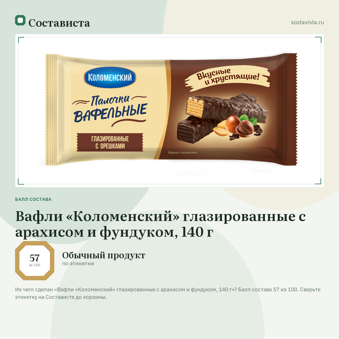 Вафли «Коломенский» глазированные с арахисом и фундуком, 140 г: балл состава 57 из 100 — Состависта
