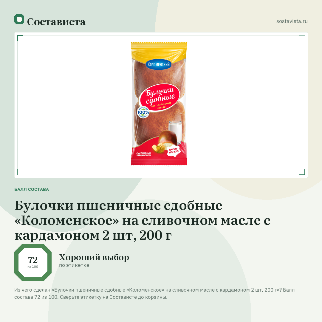 Булочки пшеничные сдобные «Коломенское» на сливочном масле с кардамоном 2 шт, 200 г: балл состава 72 из 100 — Состависта