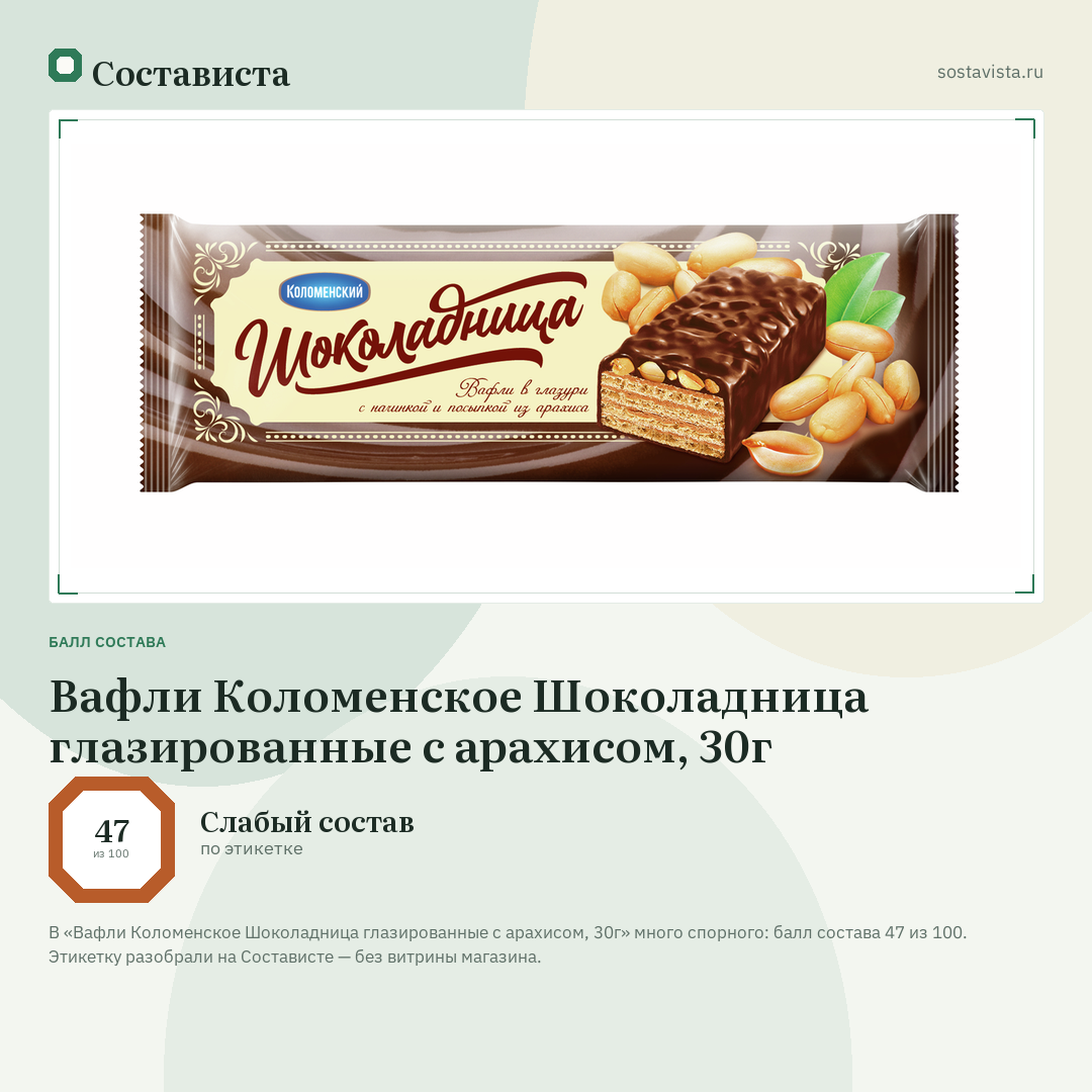 Вафли Коломенское Шоколадница глазированные с арахисом, 30г: балл состава 47 из 100 — Состависта