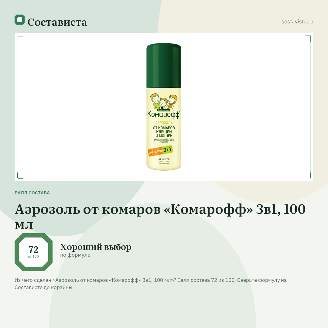 Аэрозоль от комаров «Комарофф» 3в1, 100 мл: балл состава 72 из 100 — Состависта