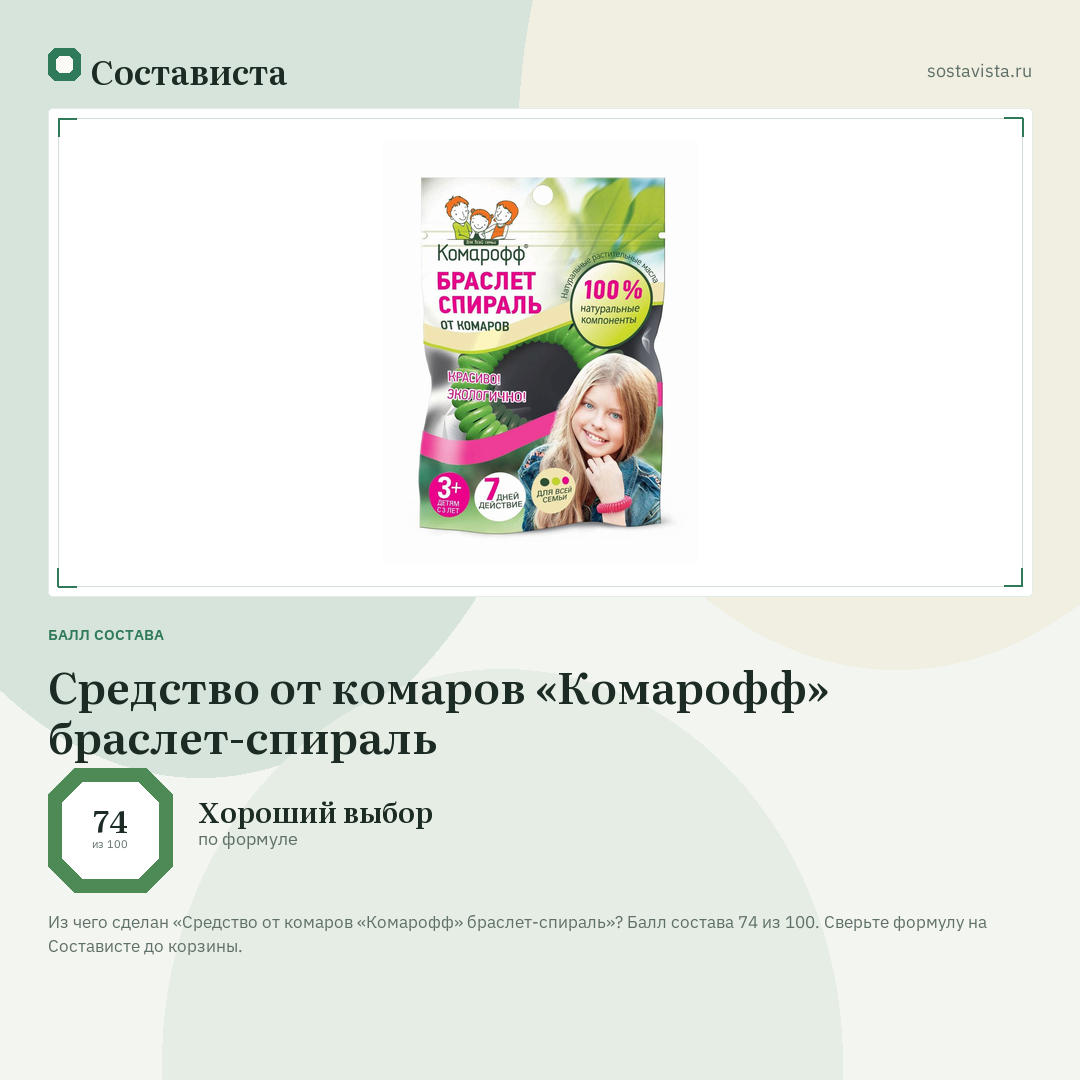 Средство от комаров «Комарофф» браслет-спираль: балл состава 74 из 100 — Состависта