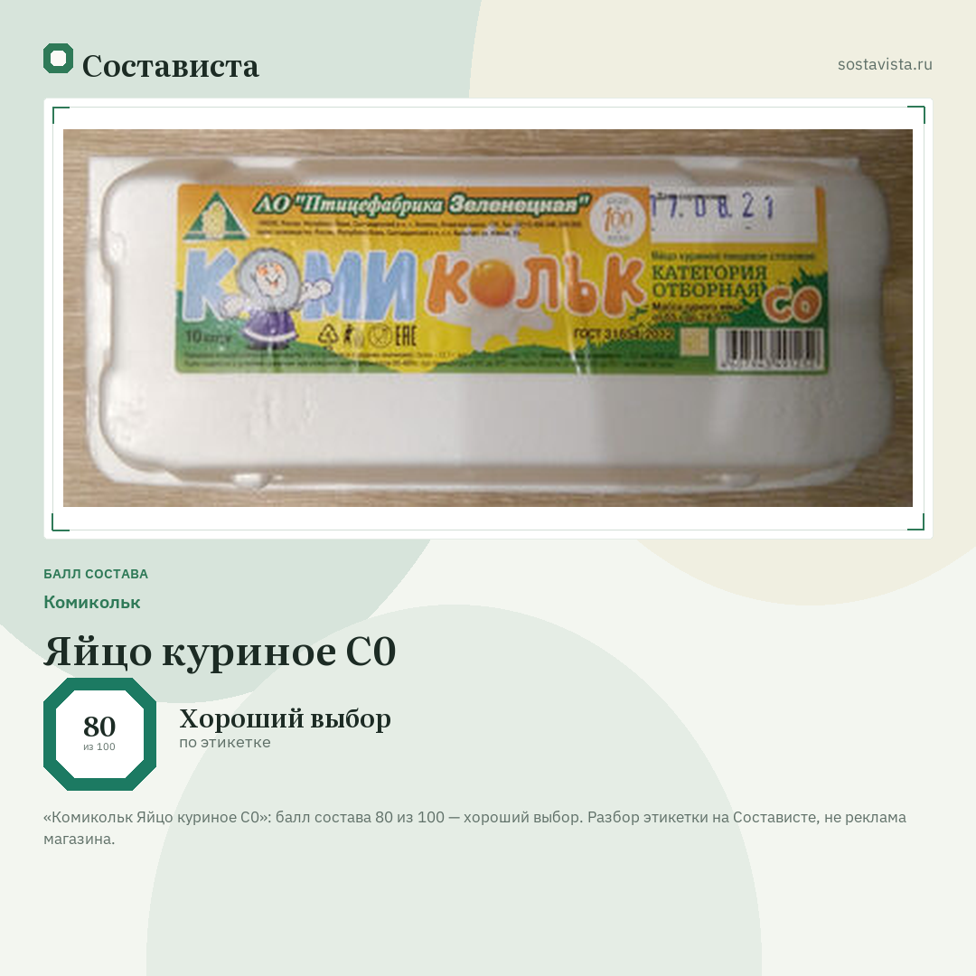 Комикольк Яйцо куриное С0: балл состава 80 из 100 — Состависта