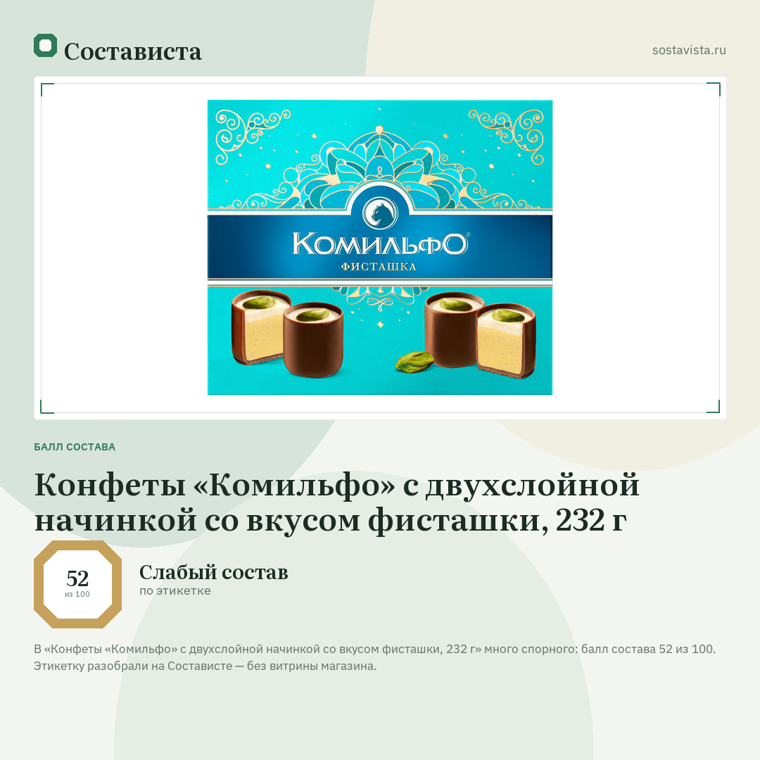 Конфеты «Комильфо» с двухслойной начинкой со вкусом фисташки, 232 г: балл состава 52 из 100 — Состависта