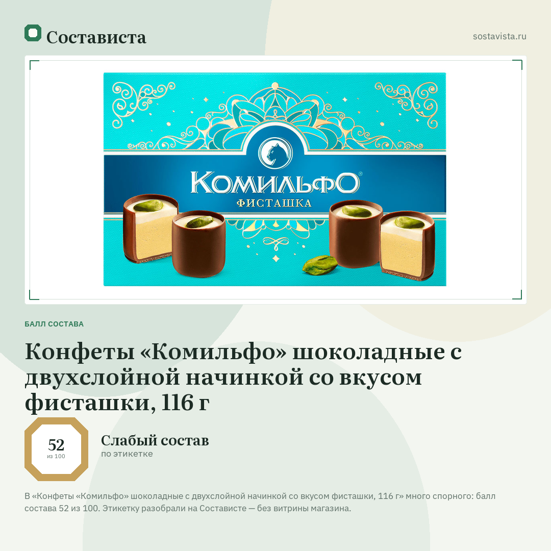 Конфеты «Комильфо» шоколадные с двухслойной начинкой со вкусом фисташки, 116 г: балл состава 52 из 100 — Состависта