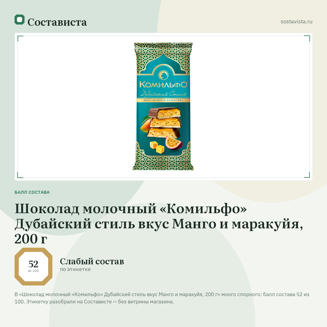 Шоколад молочный «Комильфо» Дубайский стиль вкус Манго и маракуйя, 200 г: балл состава 52 из 100 — Состависта