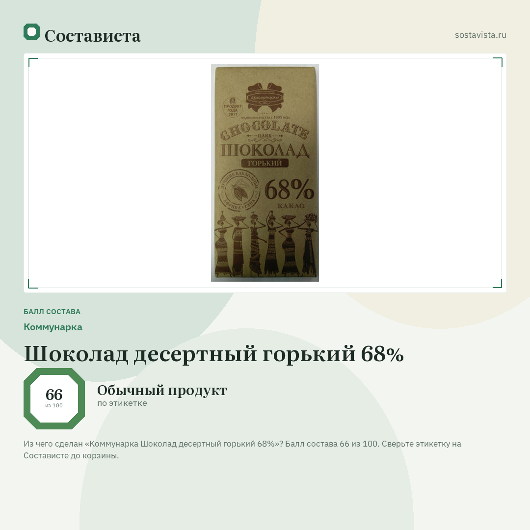 Коммунарка Шоколад десертный горький 68%: балл состава 66 из 100 — Состависта