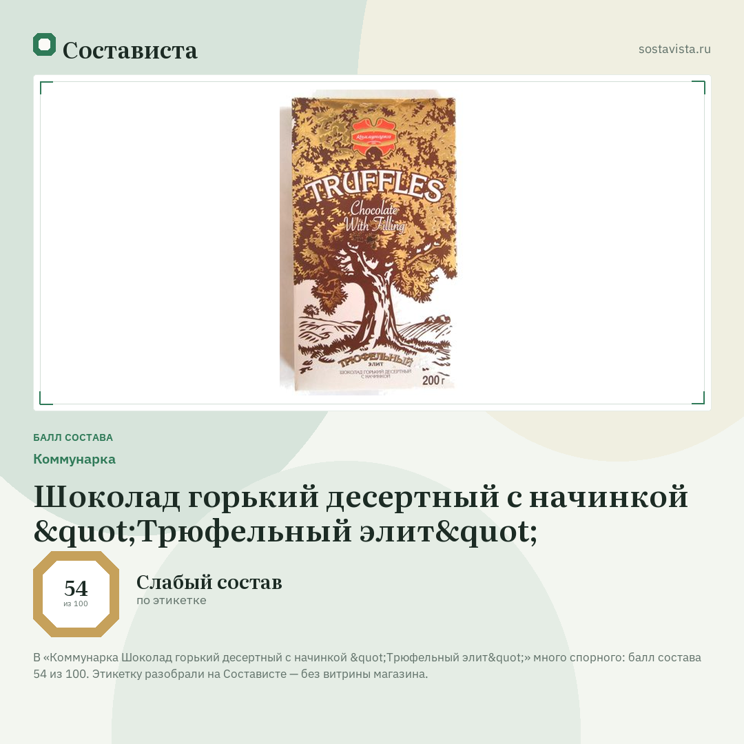 Коммунарка Шоколад горький десертный с начинкой "Трюфельный элит": балл состава 54 из 100 — Состависта