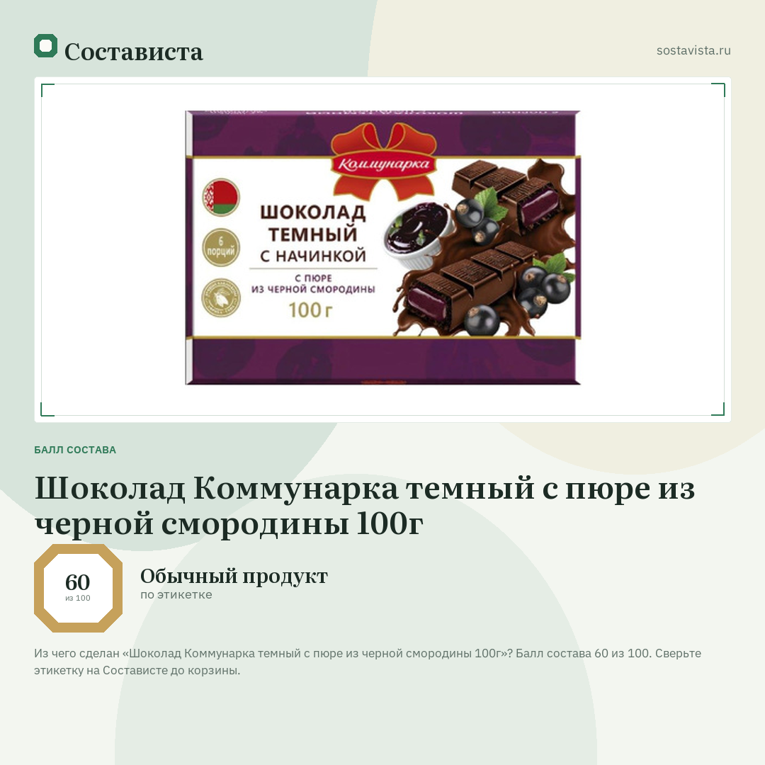Шоколад Коммунарка темный с пюре из черной смородины 100г: балл состава 60 из 100 — Состависта