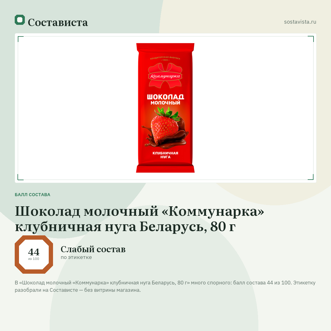 Шоколад молочный «Коммунарка» клубничная нуга Беларусь, 80 г: балл состава 44 из 100 — Состависта