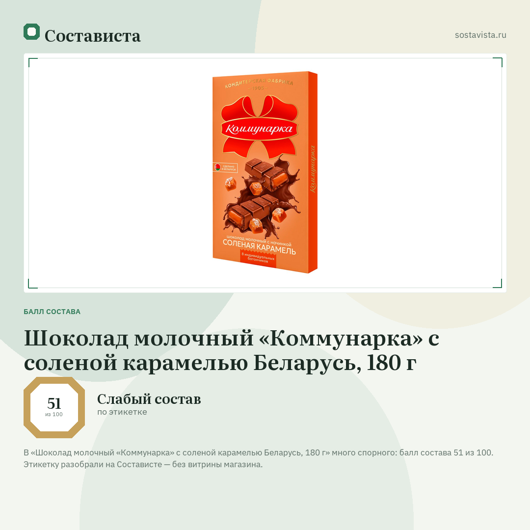 Шоколад молочный «Коммунарка» с соленой карамелью Беларусь, 180 г: балл состава 51 из 100 — Состависта
