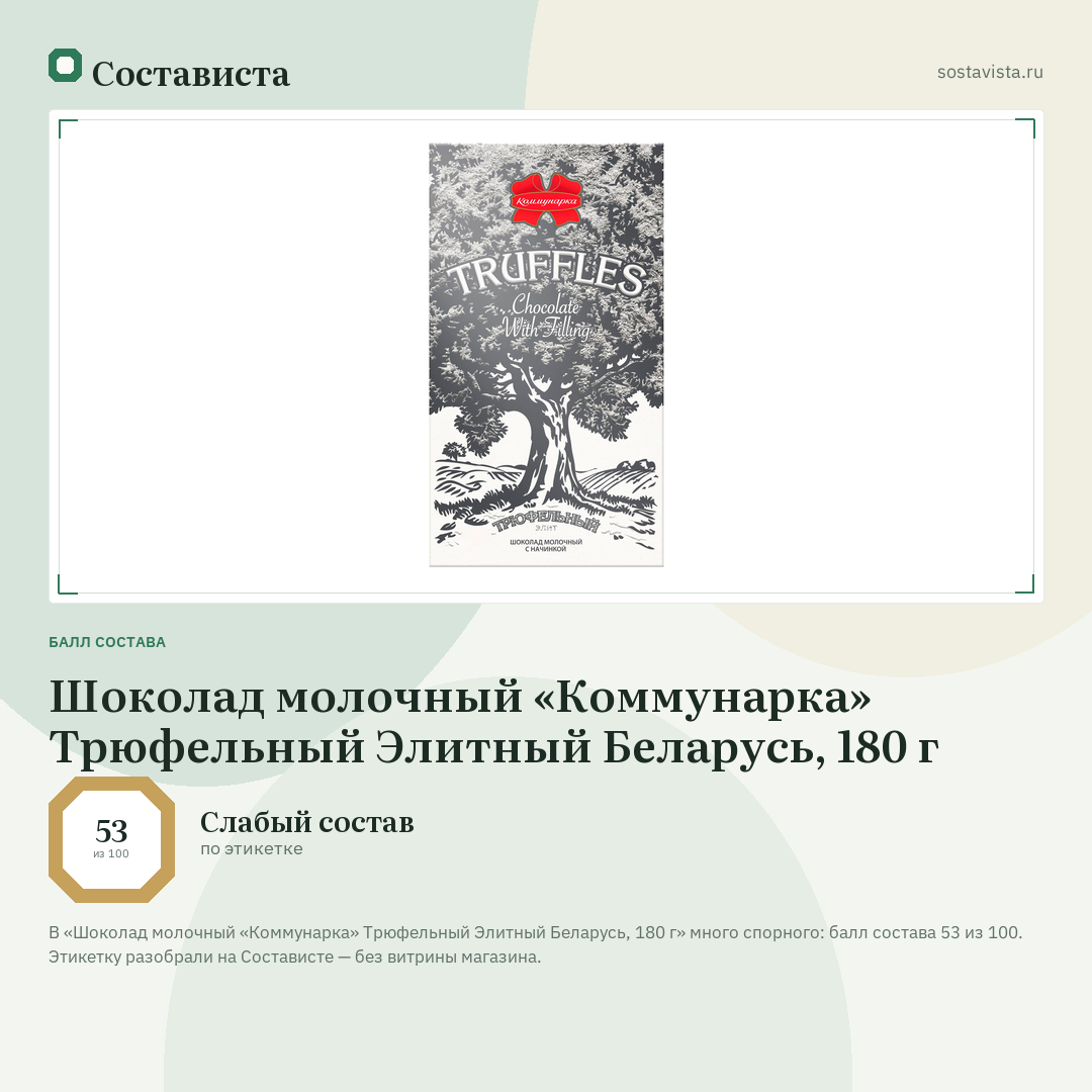 Шоколад молочный «Коммунарка» Трюфельный Элитный Беларусь, 180 г: балл состава 53 из 100 — Состависта