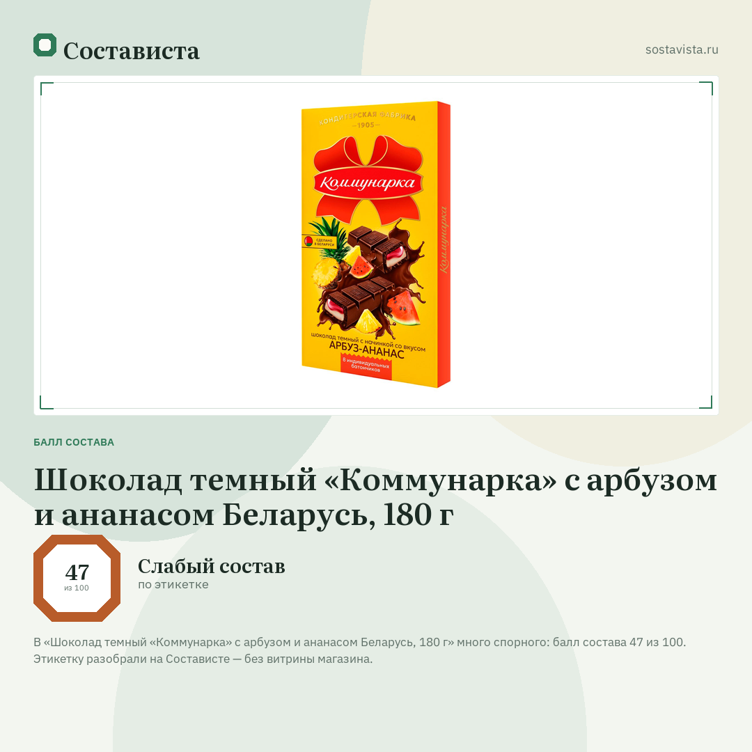 Шоколад темный «Коммунарка» с арбузом и ананасом Беларусь, 180 г: балл состава 47 из 100 — Состависта