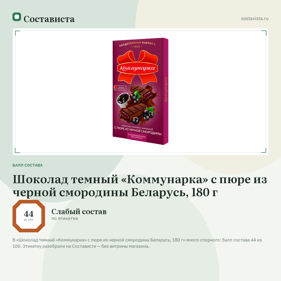 Шоколад темный «Коммунарка» с пюре из черной смородины Беларусь, 180 г: балл состава 44 из 100 — Состависта