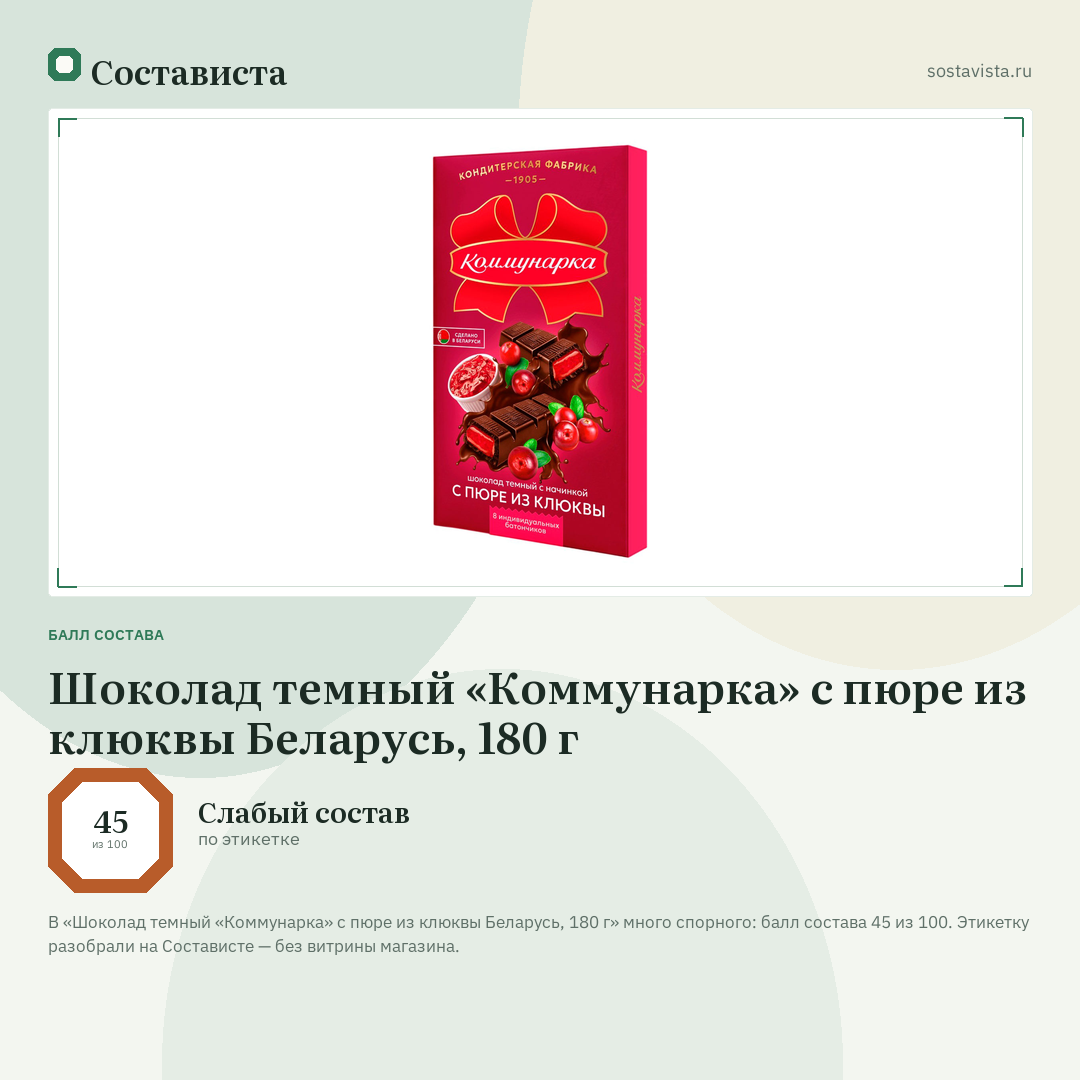 Шоколад темный «Коммунарка» с пюре из клюквы Беларусь, 180 г: балл состава 45 из 100 — Состависта