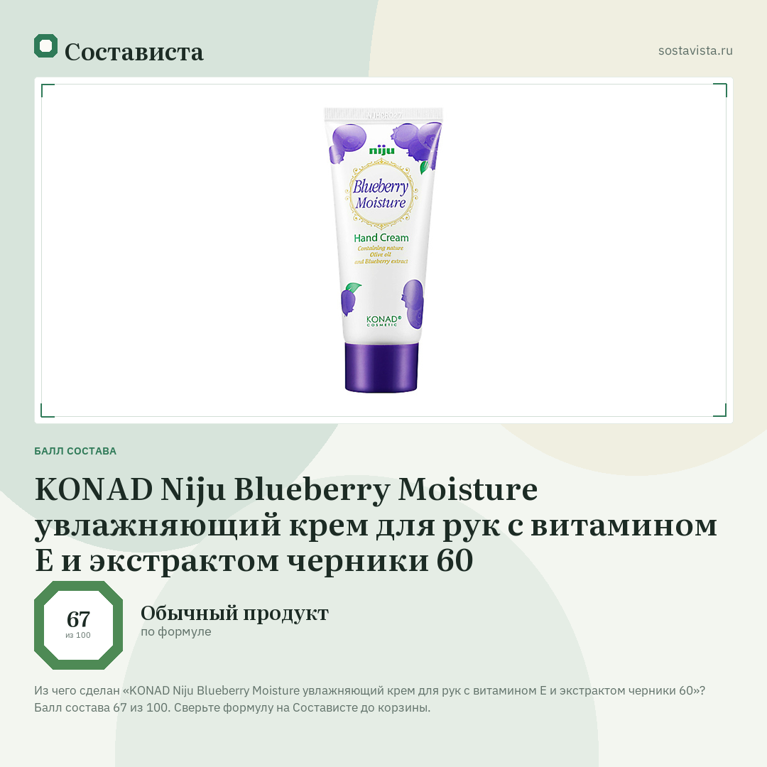 KONAD Niju Blueberry Moisture увлажняющий крем для рук с витамином Е и экстрактом черники 60: балл состава 67 из 100 — Состависта