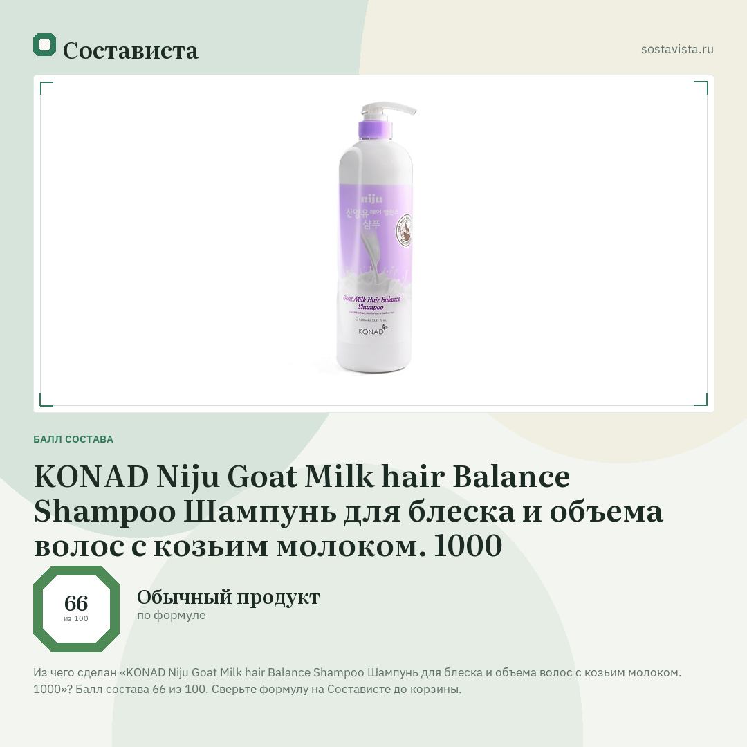 KONAD Niju Goat Milk hair Balance Shampoo Шампунь для блеска и объема волос с козьим молоком. 1000: балл состава 66 из 100 — Состависта