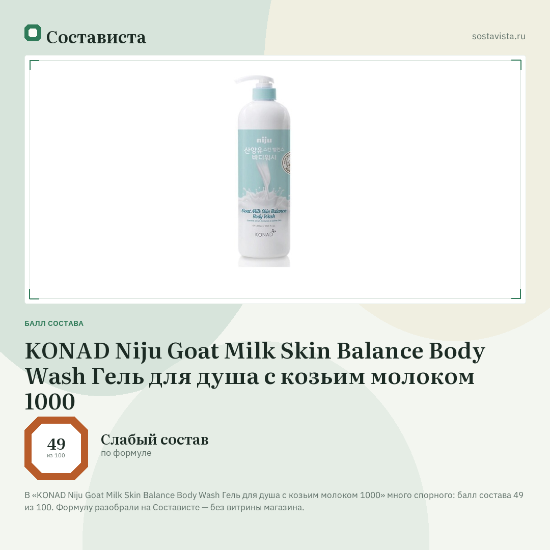 KONAD Niju Goat Milk Skin Balance Body Wash Гель для душа с козьим молоком 1000: балл состава 49 из 100 — Состависта