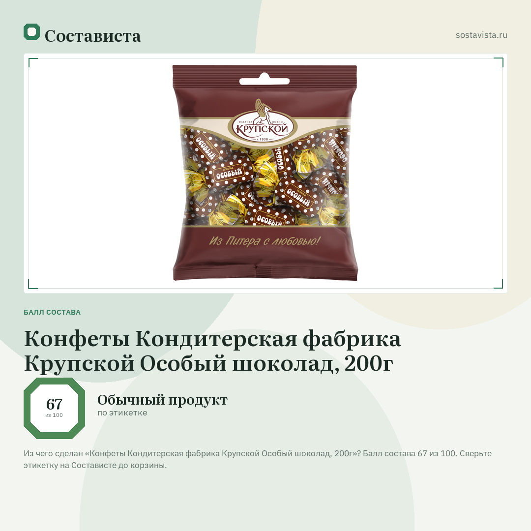 Конфеты Кондитерская фабрика Крупской Особый шоколад, 200г: балл состава 67 из 100 — Состависта