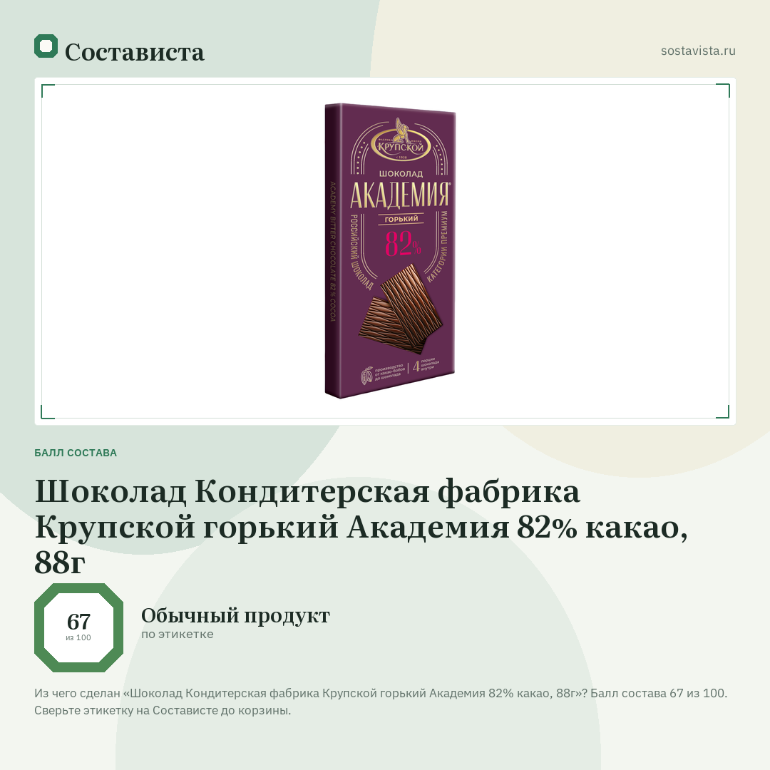 Шоколад Кондитерская фабрика Крупской горький Академия 82% какао, 88г: балл состава 67 из 100 — Состависта