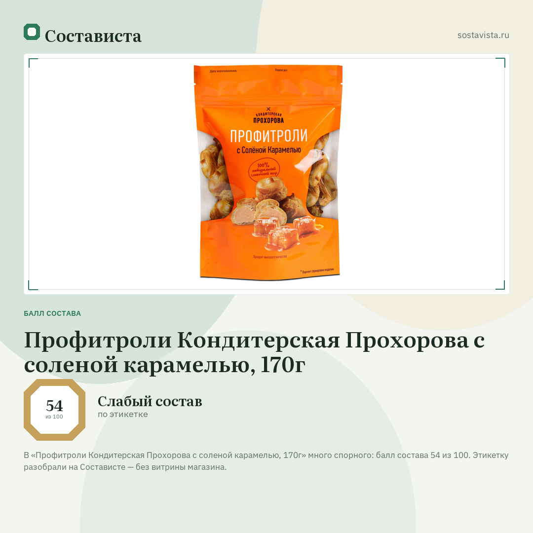 Профитроли Кондитерская Прохорова с соленой карамелью, 170г: балл состава 54 из 100 — Состависта