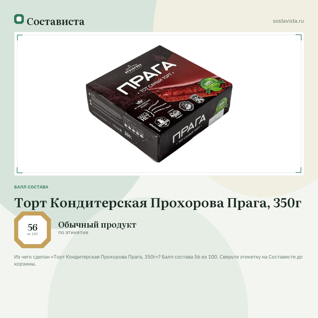 Торт Кондитерская Прохорова Прага, 350г: балл состава 56 из 100 — Состависта