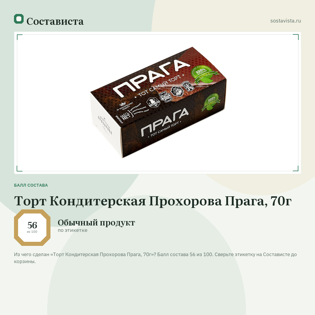 Торт Кондитерская Прохорова Прага, 70г: балл состава 56 из 100 — Состависта