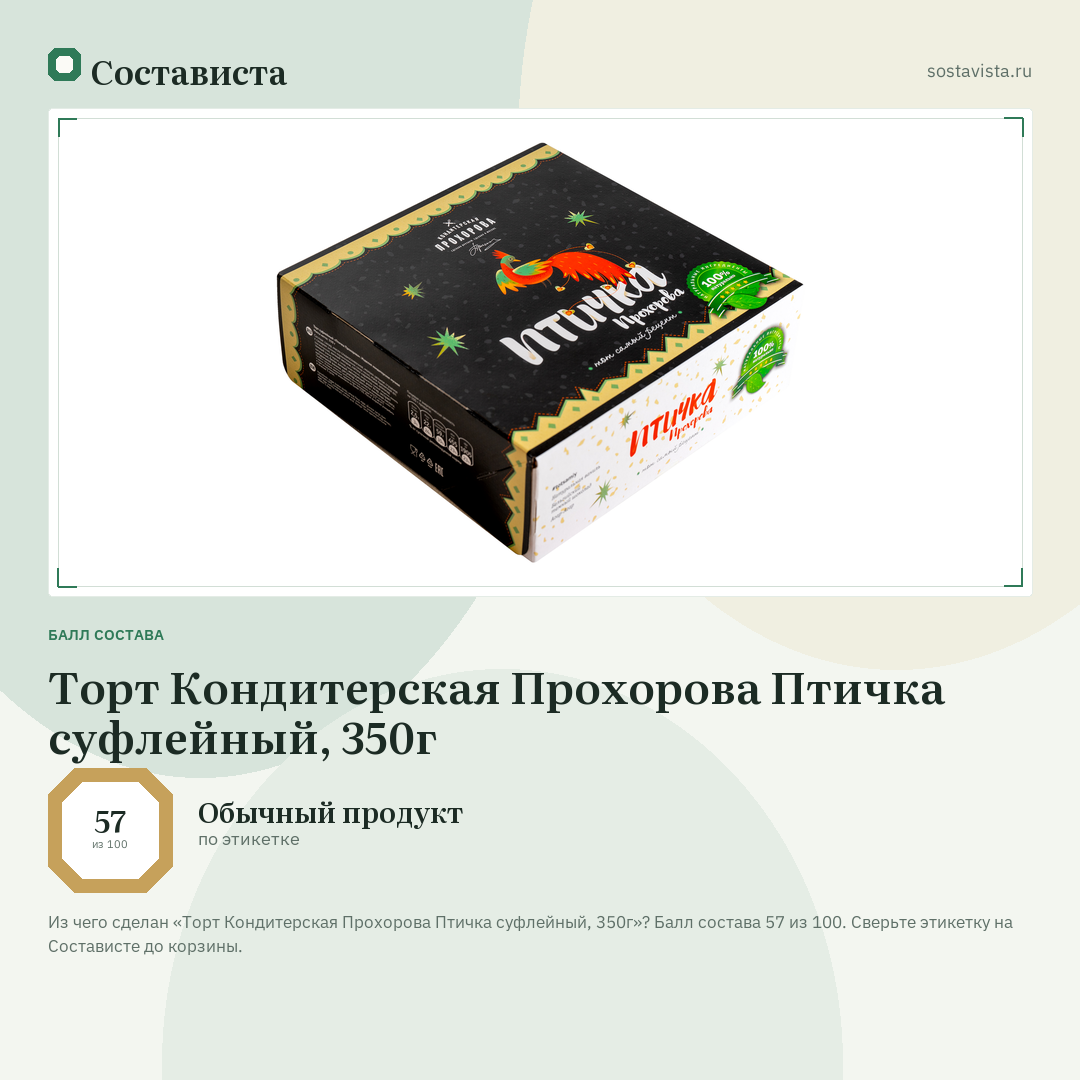Торт Кондитерская Прохорова Птичка суфлейный, 350г: балл состава 57 из 100 — Состависта
