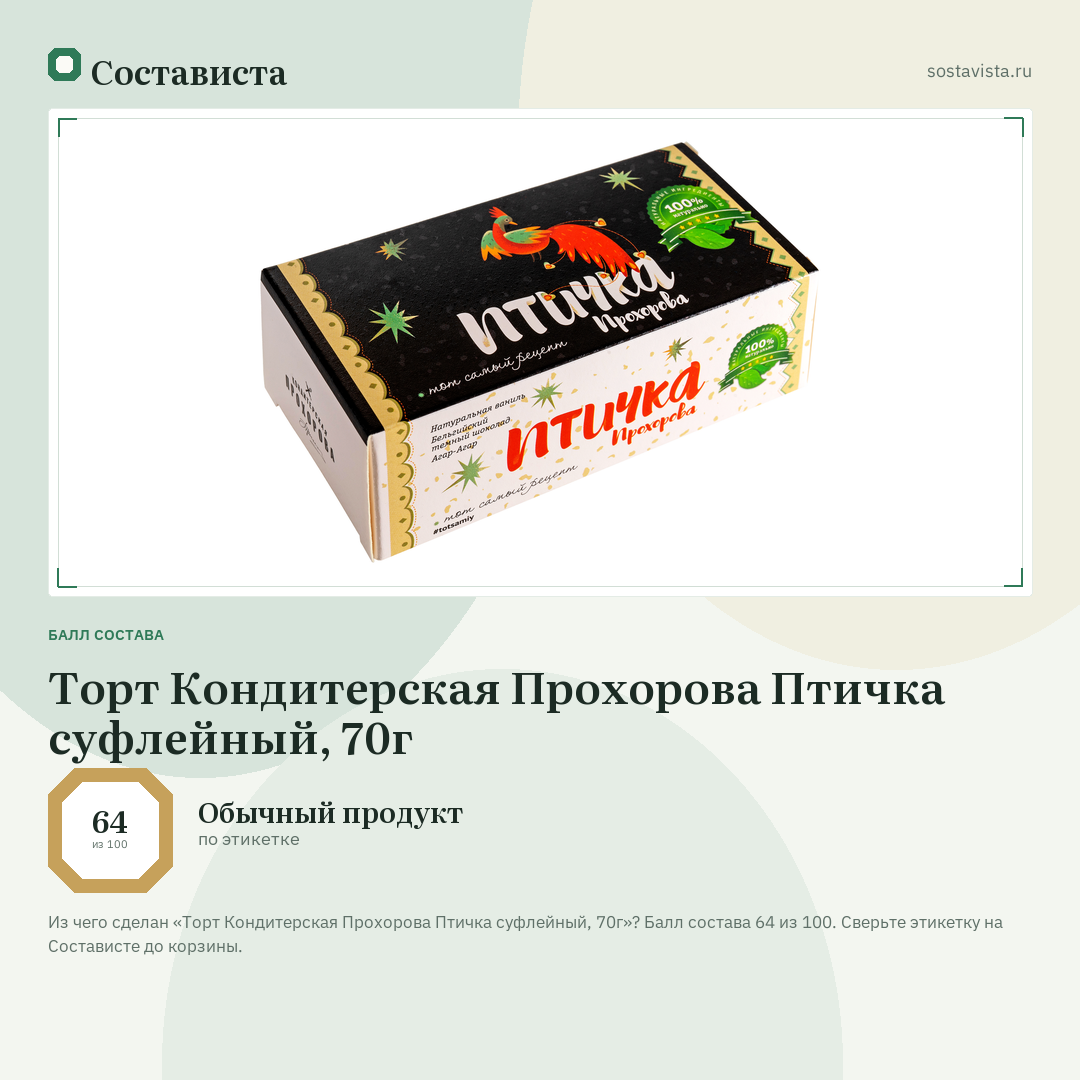 Торт Кондитерская Прохорова Птичка суфлейный, 70г: балл состава 64 из 100 — Состависта