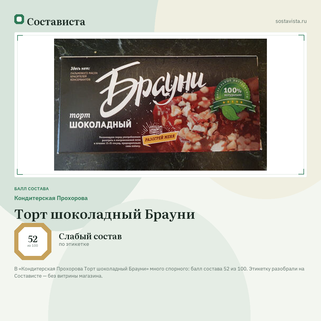 Кондитерская Прохорова Торт шоколадный Брауни: балл состава 52 из 100 — Состависта