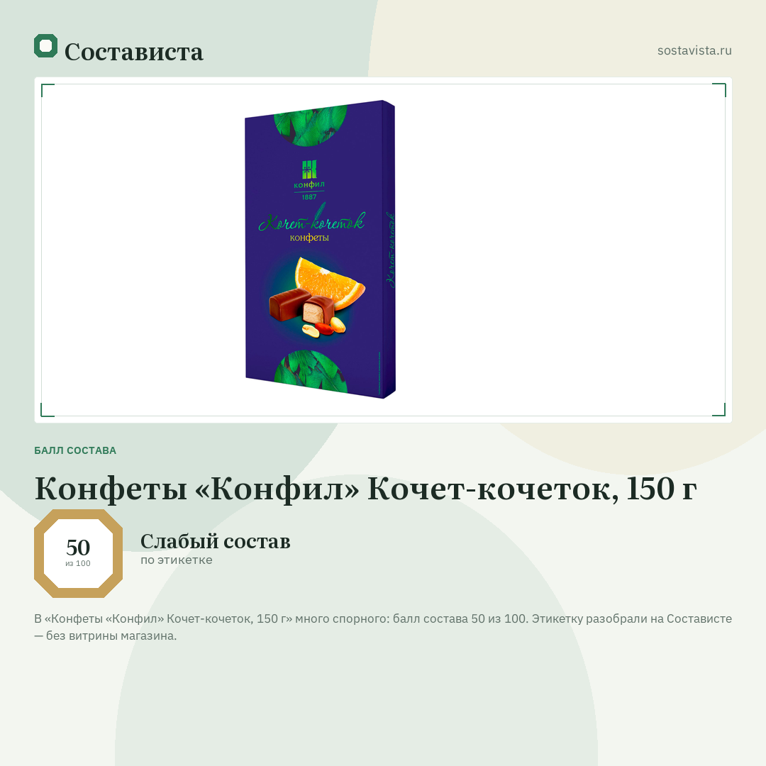 Конфеты «Конфил» Кочет-кочеток, 150 г: балл состава 50 из 100 — Состависта