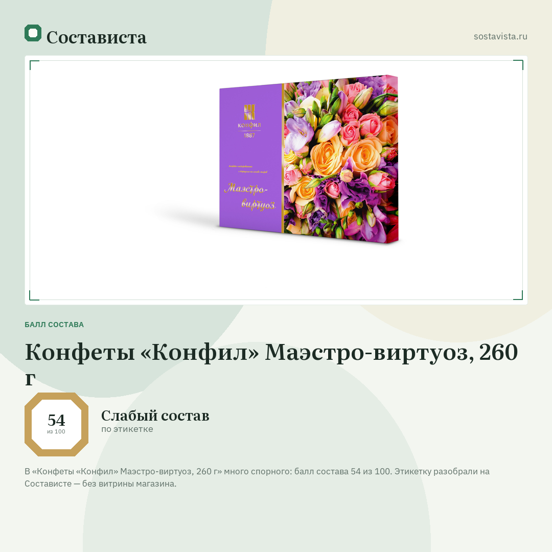 Конфеты «Конфил» Маэстро-виртуоз, 260 г: балл состава 54 из 100 — Состависта