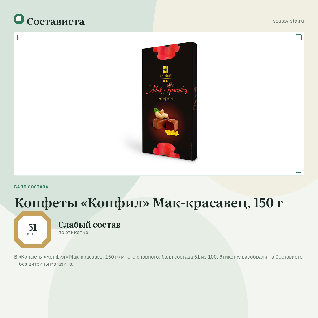 Конфеты «Конфил» Мак-красавец, 150 г: балл состава 51 из 100 — Состависта