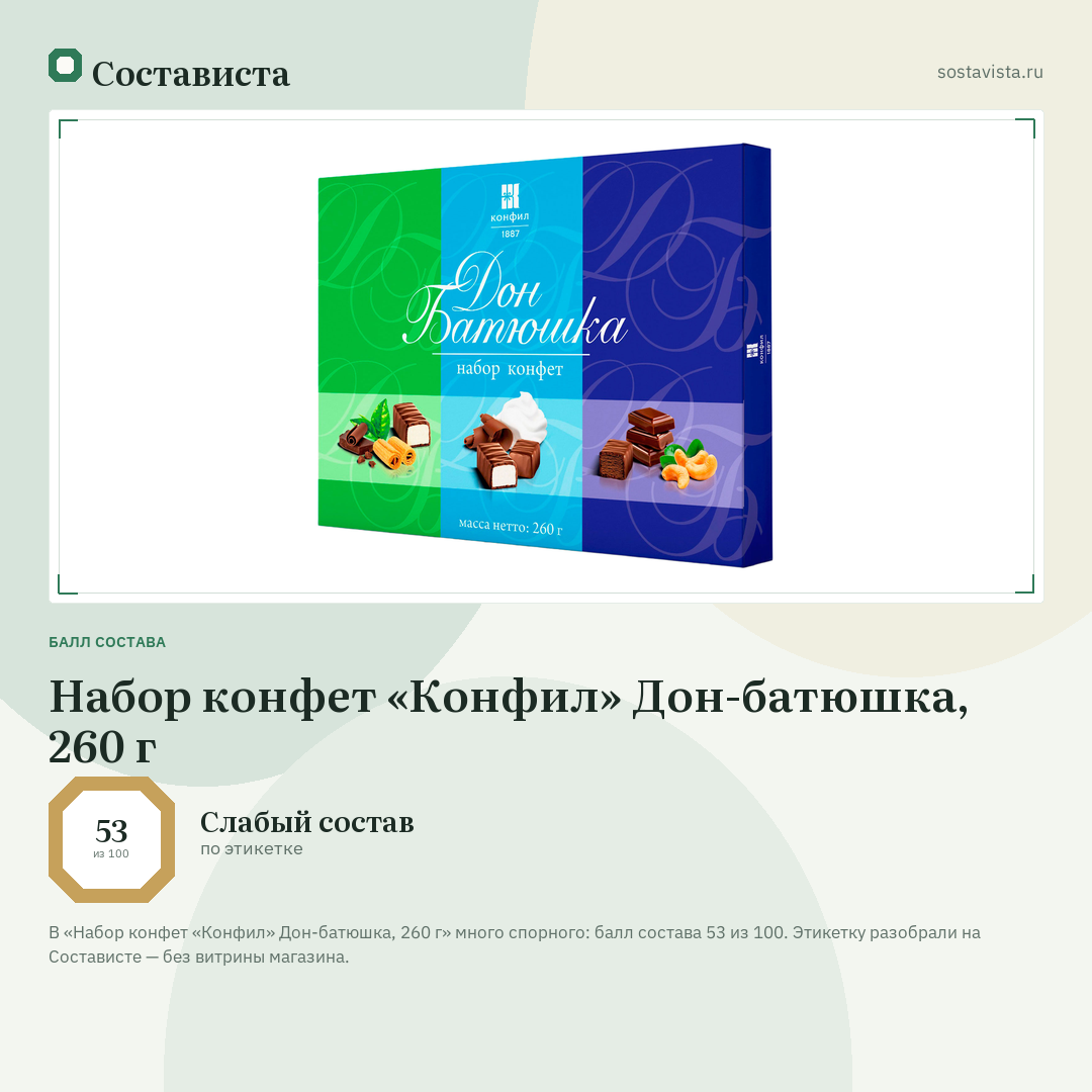 Набор конфет «Конфил» Дон-батюшка, 260 г: балл состава 53 из 100 — Состависта