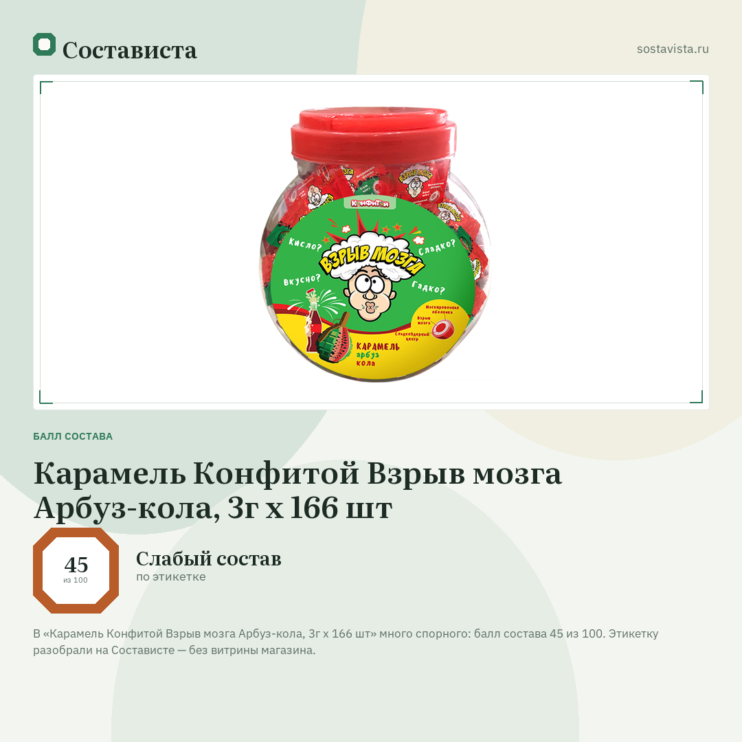 Карамель Конфитой Взрыв мозга Арбуз-кола, 3г x 166 шт: балл состава 45 из 100 — Состависта