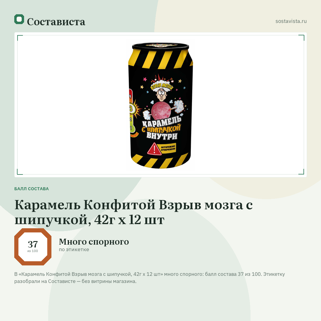 Карамель Конфитой Взрыв мозга с шипучкой, 42г x 12 шт: балл состава 37 из 100 — Состависта