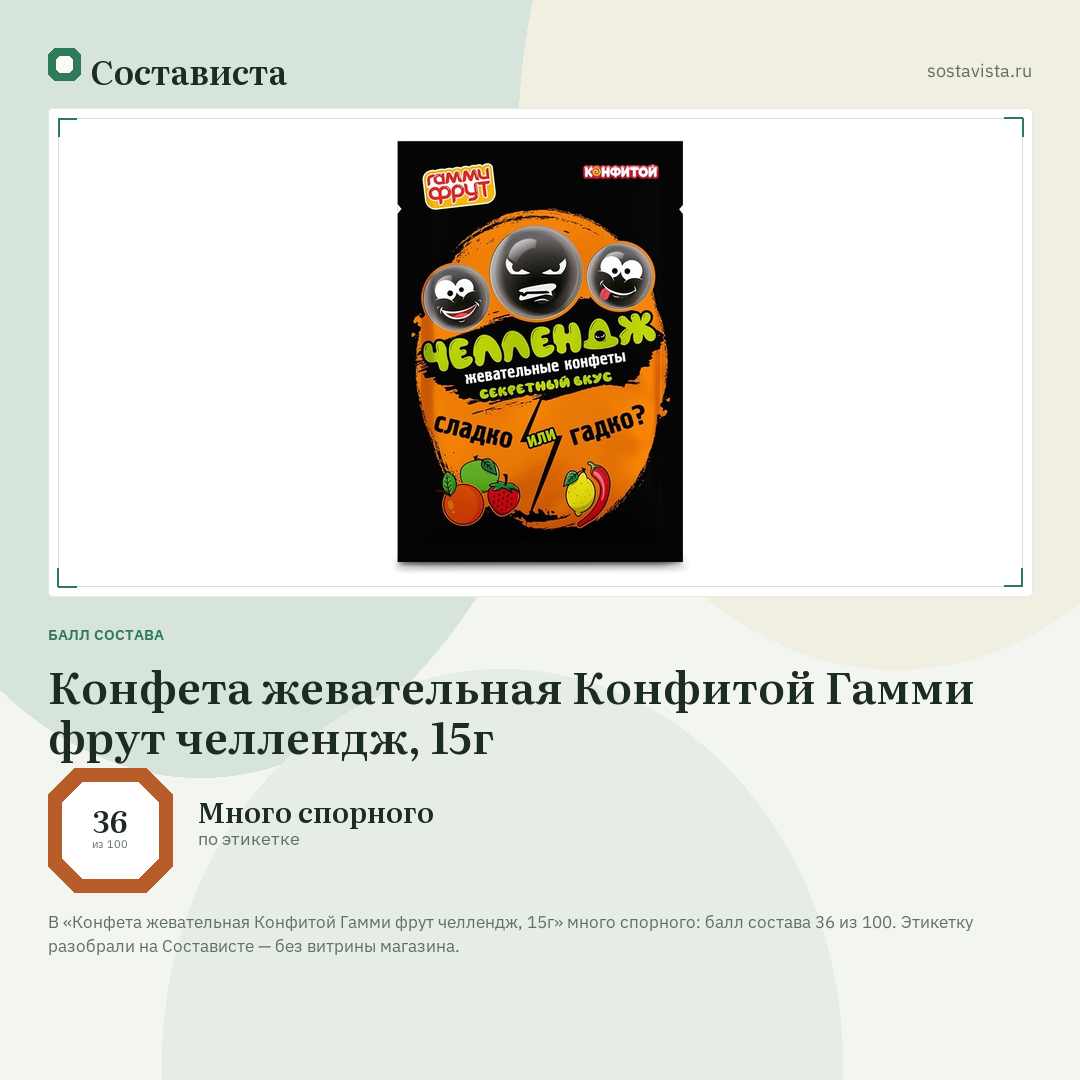 Конфета жевательная Конфитой Гамми фрут челлендж, 15г: балл состава 36 из 100 — Состависта