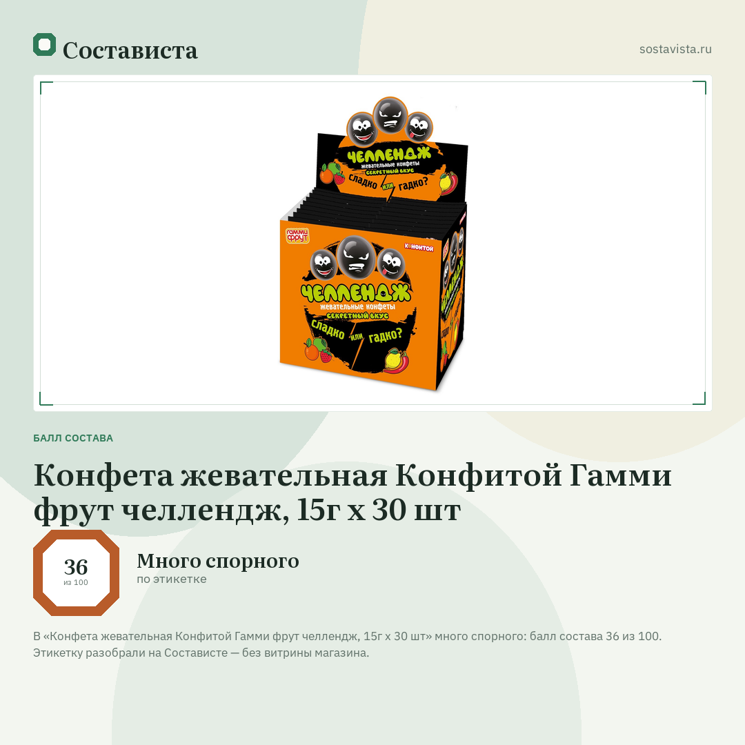Конфета жевательная Конфитой Гамми фрут челлендж, 15г x 30 шт: балл состава 36 из 100 — Состависта