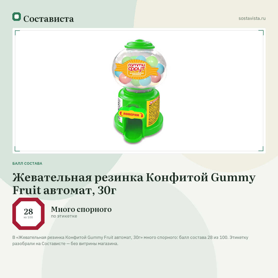 Жевательная резинка Конфитой Gummy Fruit автомат, 30г: балл состава 28 из 100 — Состависта