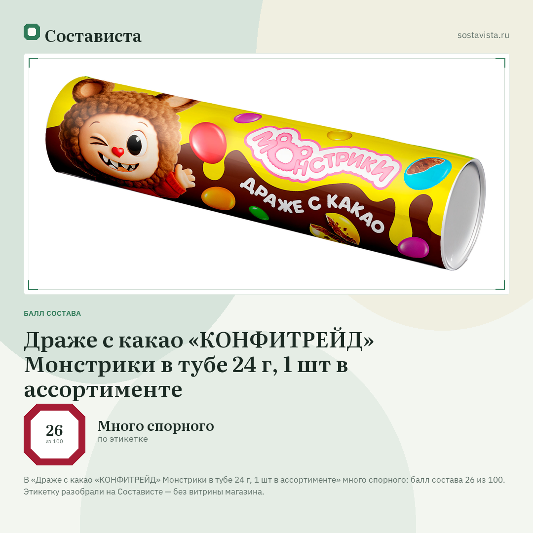 Драже с какао «КОНФИТРЕЙД» Монстрики в тубе 24 г, 1 шт в ассортименте: балл состава 26 из 100 — Состависта
