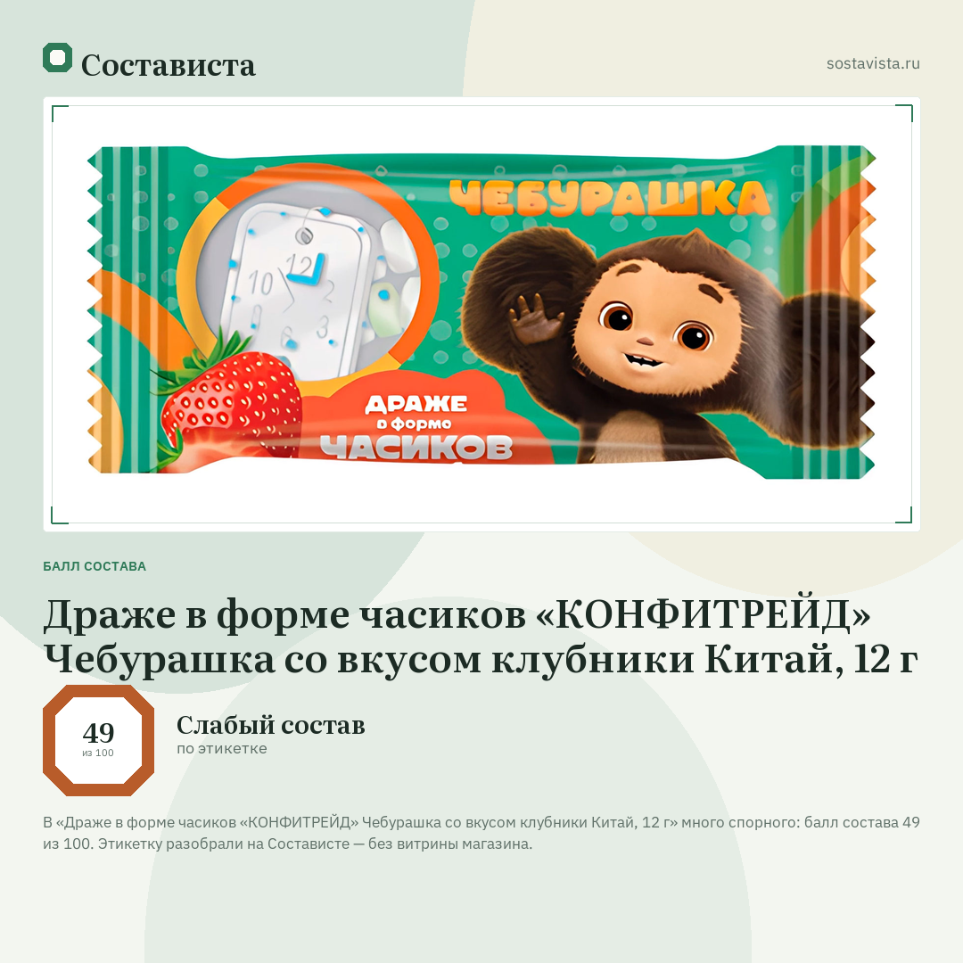 Драже в форме часиков «КОНФИТРЕЙД» Чебурашка со вкусом клубники Китай, 12 г: балл состава 49 из 100 — Состависта