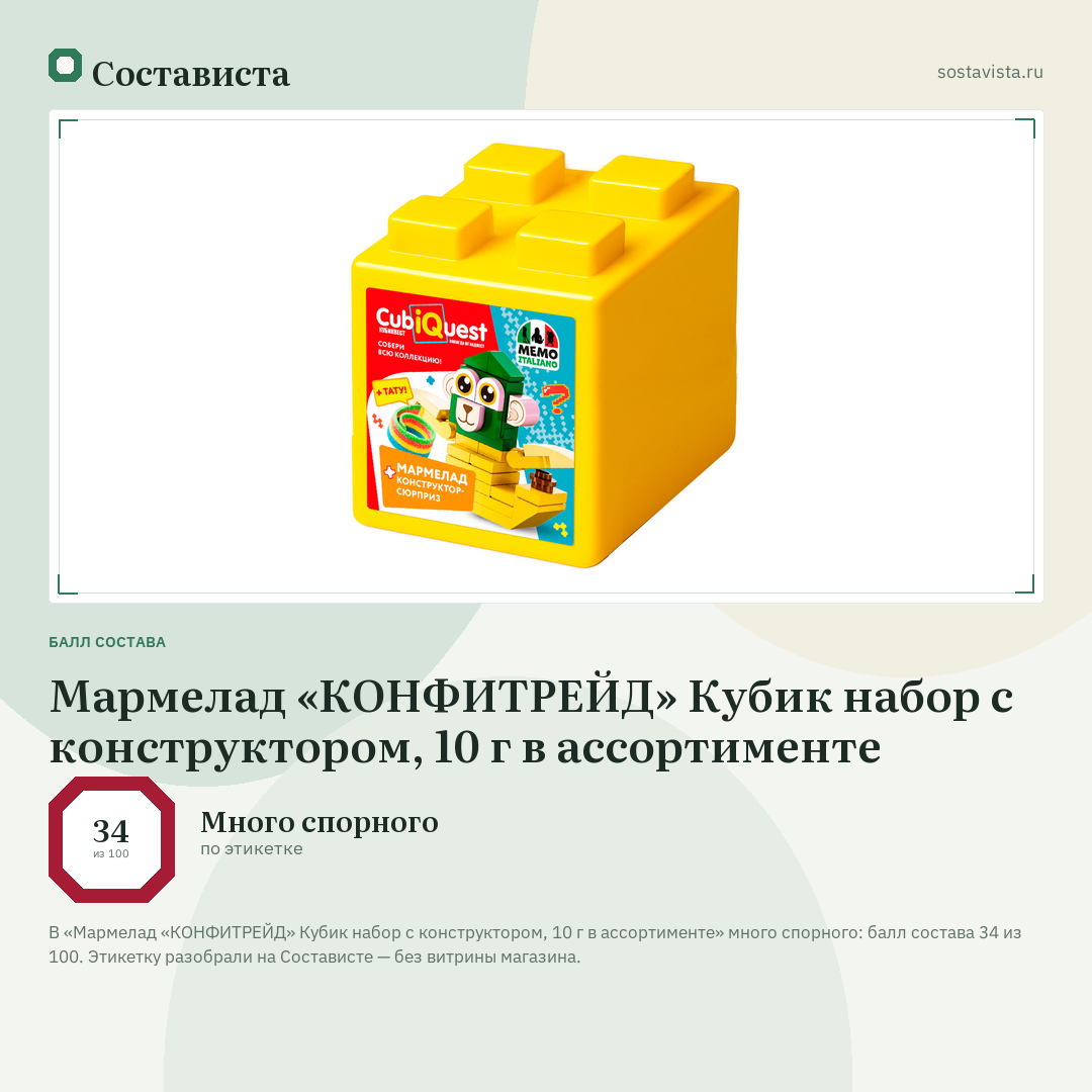 Мармелад «КОНФИТРЕЙД» Кубик набор с конструктором, 10 г в ассортименте: балл состава 34 из 100 — Состависта